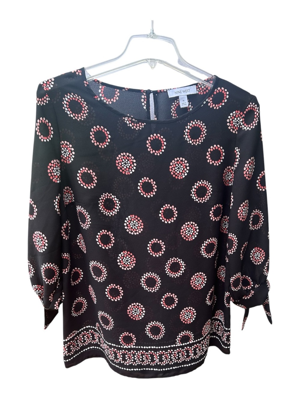 Nine West Black Blouse with Pink & White Circular Print
